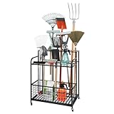 SwaaVee Garden Tool Organizer with Wheels, Large Tool Storage Holds Up to 42 Long Handled Yard Tools Tools, Rakes, Brooms, Heavy Duty Steel Tool Rack for Garage, Shed, Basement (L-Wheels)