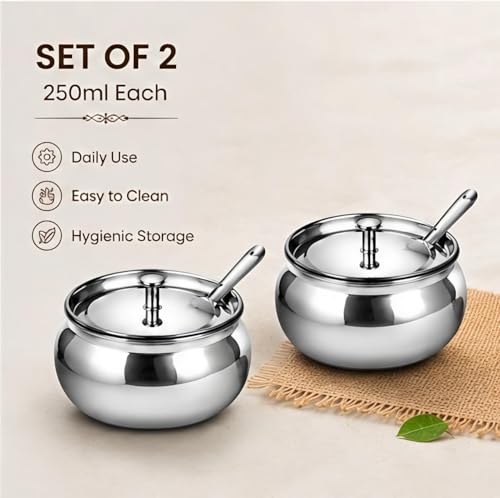 Image of Premium Stainless Steel Ghee Pot Set of 2 | Airtight Storage Jars for Ghee, Oil, Spices & Kitchen Essentials | Rust-Free, Food Grade, Durable & Easy to Clean Containers for Home Kitchen Use
