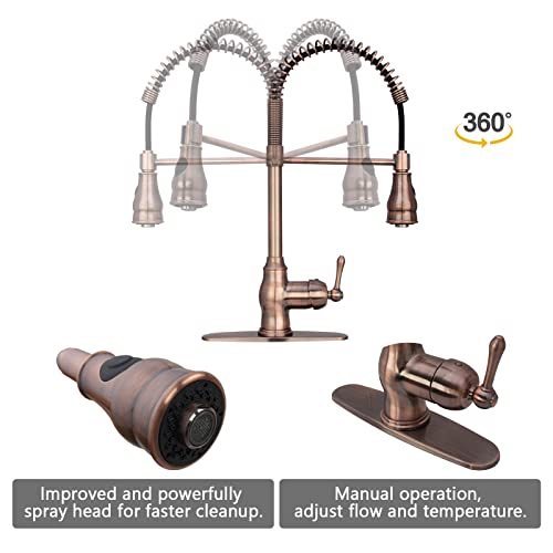 Akicon Antique Copper Pre-Rinse Spring Kitchen Faucet, Single Level Solid Brass Kitchen Sink Faucets With Pull Down Sprayer #TOP4