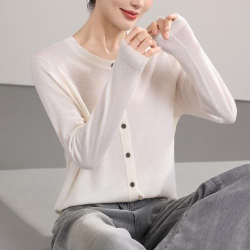 Image of Women's 100% Merino Wool Crew Neck Cardigan Sweater Top Long Sleeve Button Down 2025