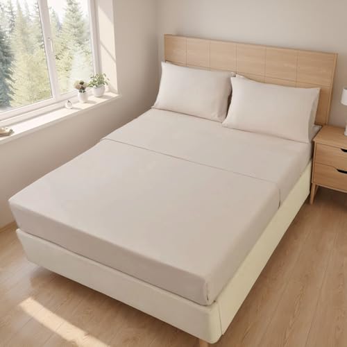 Etrexonline Conjunto de Sábanas 4 Piezas Cama 180 cm - Microfibra Ultra Suave Incluye 1 Bajera 180x200+28 cm, 1 Encimera 230x270 cm, y 2 Fundas de Almohada 50x100 cm - Color Beige Liso