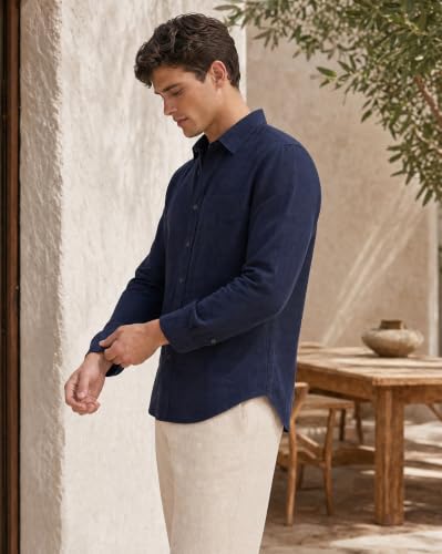 Image of Nobero Breezy Premium Linen Cotton Shirt for Men | Stylish Casual Shirts for Men | Semi Cut Collar | Box Pleat | Curved Hem | Regular Fit | Full Sleeve | S-XXXL