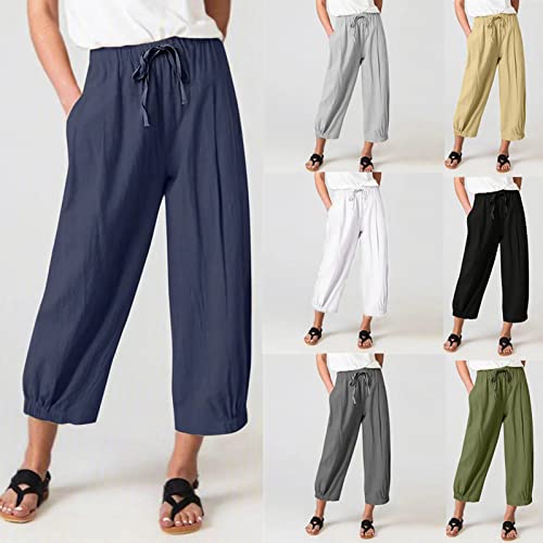 Women High Waist Casual Wide Leg Palazzo Pants Linen Drawstring Cropped Pants Trousers Regular Size3