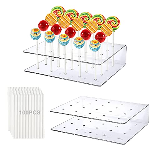 Rhitchy Lollipop Ständer, 2 Stück Cake Pop Halter 20 Löcher klar Lollipscher Halter mit 100 Stück Llscher Sticks für Hochzeit Geburtstag Abschlussball Backverkauf Cover