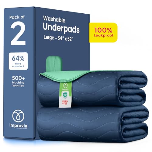 Image of IMPROVIA Washable Underpads, Heavy Absorbency Reusable Incontinence Pads for Kids, Adults, Elderly, and Pets, Waterproof Protection Floor (Navy & Green, 34 inchx52 inch (Pack of 2))
