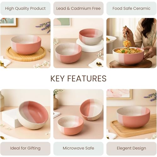 Image of The Earth Store TT Pink Large Ceramic Bowl Set of 1, 800 ML | Microwave & Dishwasher Safe Serving Bowl | Ideal Use for Salad, Cereal, Noodle, Pasta & Mixing | Home & Restaurant Use