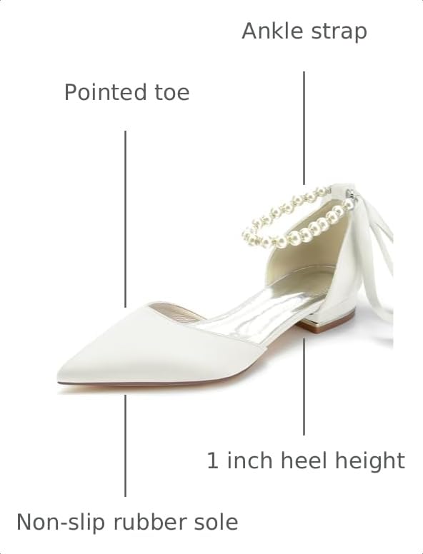 Image of Women's Pointed Toe Pumps Pearl Satin Wedding Shoes for Bride Flats Ankle Strap Bridal Shoes Formal Prom Party Dress Pumps Sandals