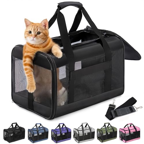 Conlun Trasportino per gatti approvato, Trasportino morbido con guinzaglio interno, Per gatti e cuccioli fino a 7 kg, Borsa da viaggio pieghevole -Nero,M