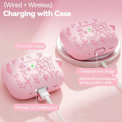 Image of Ekoonpft for AirPods 4 Case, Soft Silicone Flower Engraved Cases Pink