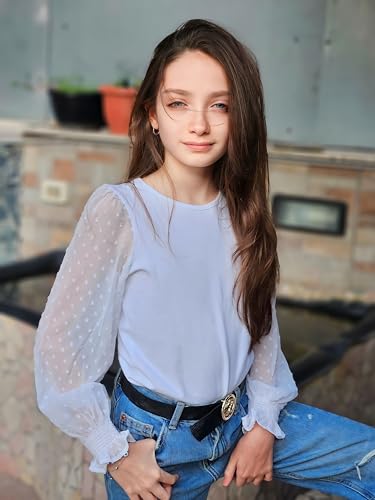 Image of Arshiner Girls Long Sleeve Shirt with Ruffle Cuffs Polka Swiss Dots Kids Girls Pullover Shirts Cute Crewneck Girls Top