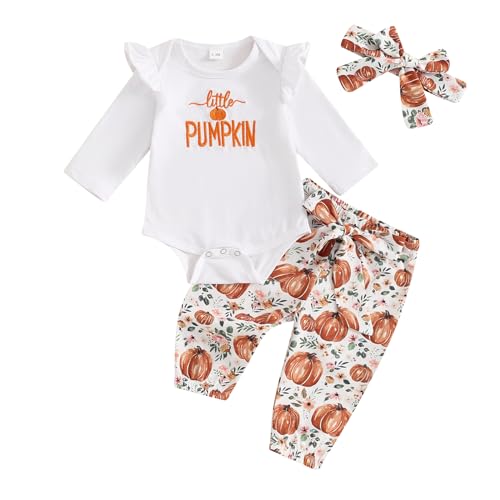 Image of Muasaaluxi Newborn Baby Girl Halloween Outfit Long Sleeve Ruffle Romper Pumpkin Long Pants Headband Fall Clothes 0-18M