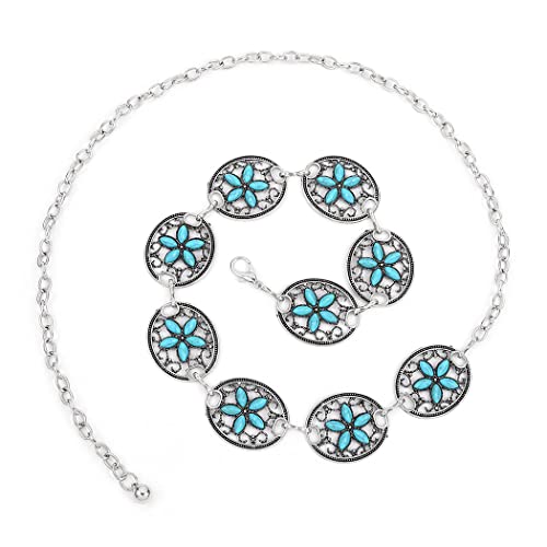 ELABEST Vintage Turquoise Waist Chain Belt Silver Waistband Adjustable Carved Belly Chain Belts Body Jewelry Accessories for Women Jeans Dresses