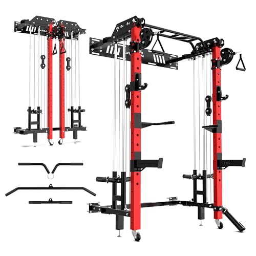 MEGASTAR FITNESS Power Cage Folding Power Rack 2000LBS Wall Mounted Squat Rack with Cable Pulley System Landmine Attachment and Multi-Grip for Home Gym Small Space
