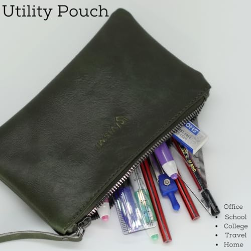 Image of VISMIINTREND Flat PU Pencil Pouch for Boys & Girls | Large Stationery Organizer & Pen Case for School, College, Kids, Students (Green)