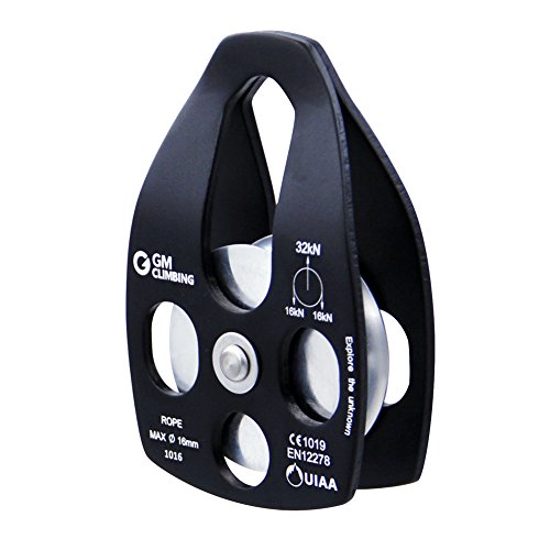 GM CLIMBING 32kN UIAA Certified Large Rescue Pulley Single/Double Sheave with Swing Plate CE/UIAA (Single Pulley - Black)