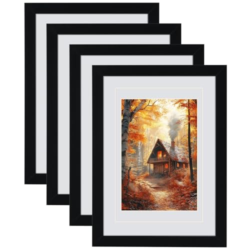 Serwrsw 5x7 Black Picture Frame with Double White Mat 4 Pack, 5 by 7 F