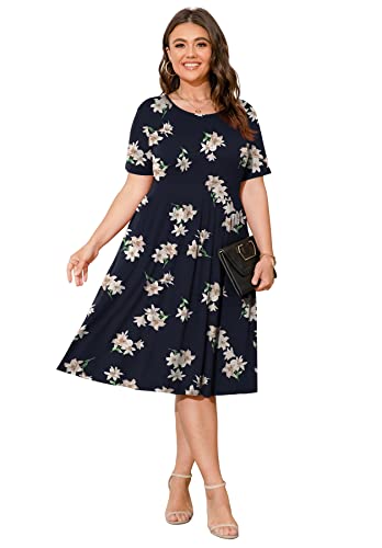 Image of POSESHE Womens Plus Size Summer Dress 2026 Casual Short Sleeve Empire Waist Loose Fit Swing T-Shirt Dress with Pockets