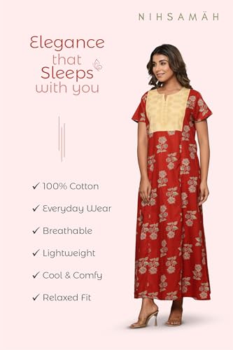 Image of NIHSAMAH Cotton Nighty for Women - Printed Stylish Night Gown, Comfortable Sleepwear Long Nightwear, Maxi