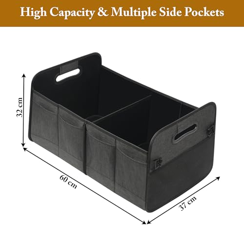 Image of Automaze Oxford Trunk Organisers For Cars & SUV's, Foldable 2 Compartment Automotive Storage Box With 10 Pockets, Anti-Slip Velcro, Portable Boot Organiser, Black
