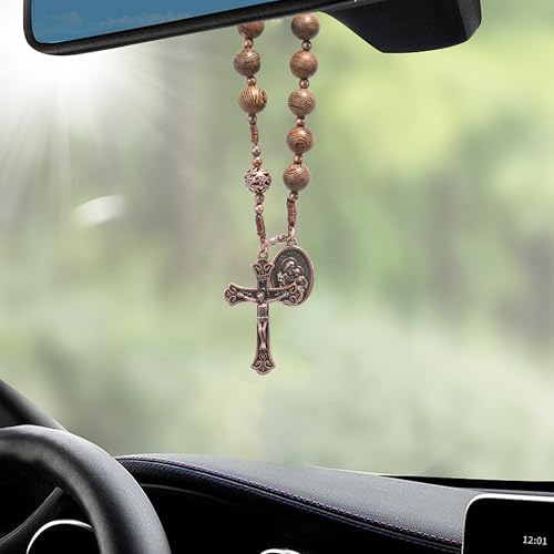 Nazareth Store Wood Beads One Decade Rosary Handmade Pocket Car Mirror with Saint Medal and Jesus Cross in Antique Bronze Wooden Travel Friendly Rosary4
