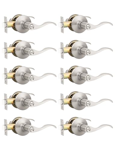 Image of Mengico 10 Pack Satin Nickel Privacy Door Lever, Modern Interior Door Knobs Locks for Bedroom and Bathroom, Heavy Duty Door Handle, Reversible Wave Lever Handle