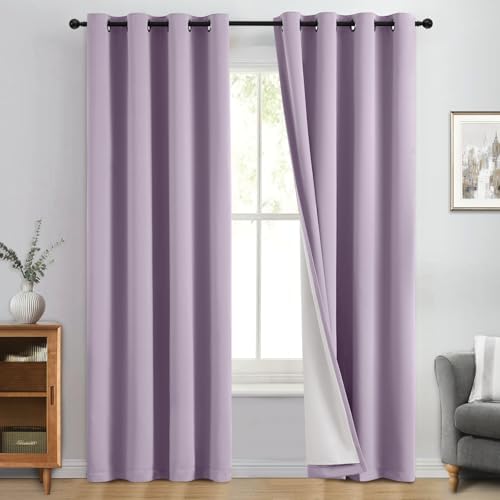 Image of Yakamok Lilac 100% Blackout Curtains 84 Inches Long for Bedroom 50 inch Wide | Blackout Curtain Panels for Bedroom, 2 Thick Layers Grommet Top Thermal Insulated Drapes with White Back for Living Room