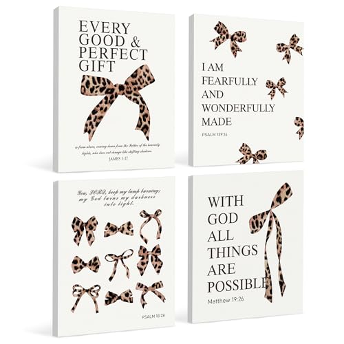 Image of LARTSFRO Coquette Leopard Bow Christian Canvas Wall Art Decor Posters Prints, Y2K Cheetah Leopard Bow Room Bedroom Bathroom Dorm Wall Art Decor Aesthetic for College Teen Girls Gifts, Inspirational Bible Verses Bow Wall Decor, 11x14 Inch Set of 4 Pcs Cheetah Bow Pictures (Canvas Framed 11X14)
