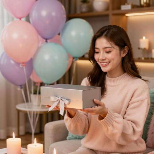 Image of Awestuffs Premium Silver Gift Boxes for Gift Packaging, Reusable Decorative Gift Boxes (23 x 16 x 10 cm) for Hampers, Weddings, Birthdays, Festivals & Corporate Gifts (Pack of 1)