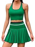 ATTRACO 2 Piece Tennis Skirt Set High Waisted Pleated Skirt with Workout Top Golf Outfits Green L