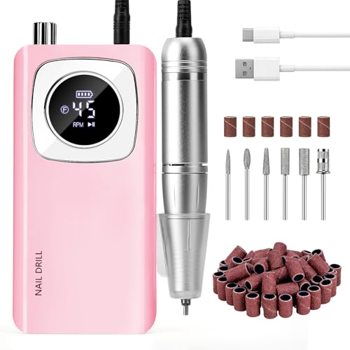 Madenia Torno de Uñas Profesional 45000 RPM, Recargable Lima de Uñas Electrica, Torno para Uñas Inalámbrica Portátil para Gel Acrílico Manicura y Pedicura para Salón y Uso en Casa (Rosa)