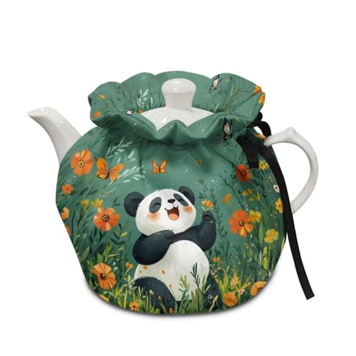 Image of Panda Butterfly Flower Print Tea Cosy for Teapot Insulated Portable Tea Kettle Cozy Theme Teapot Insulation Cover with Drawstring Breakfast Warmer 6.1x6.1x6.9 Inch