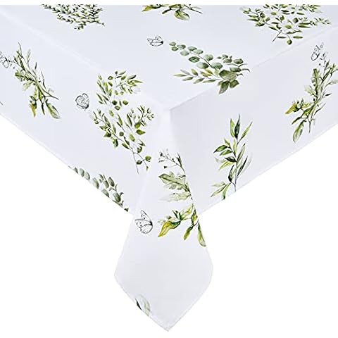 Green Leaves Tablecloth, Tropical Leaf Plant and Butterfly Table Cloth, Spring Summer Waterproof Wrinkle Free Tablecover for Kitchen, Dining Room, Outdoor, Picnic, Patio, Party, Square 55 x 55 inch Cover