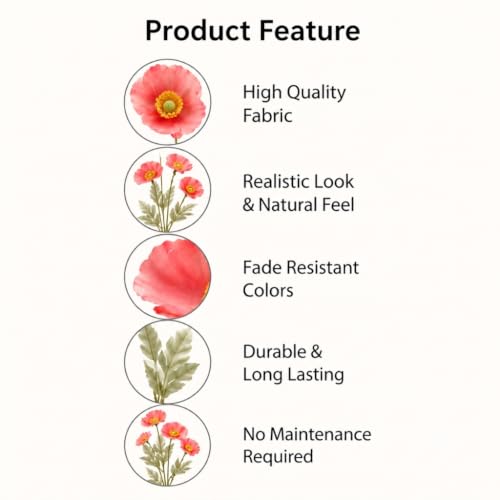 Image of CURATED CART Artificial Flowers Bunch of 2 Poppy Red Flowers, 70cm Real Touch Fabric Flowers with Stems, 4 Blooming Heads, Fake Flowers for Home Decor, Party, Wedding, Party Decorations