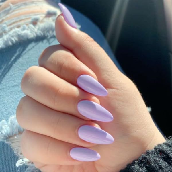 Miniatura 2 de Uñas con forma de almendra color morado claro, uñas a presión, uñas KXAMELIE con pegamento para mujeres, uñas acrílicas a presión de longitud media,
