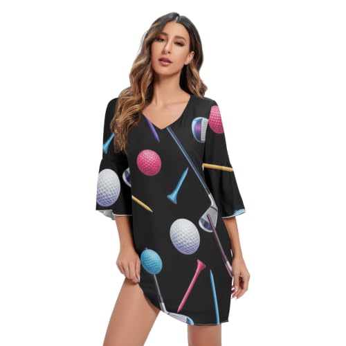 Robe en mousseline de soie noire haut de gamme Coloré Golf Clubs manches 3/4