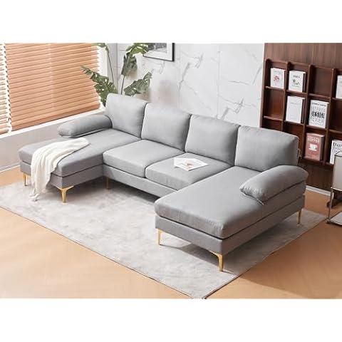 poplarbox Modern U Shaped Sectional Sofa, 4 Seat Convertible Sectional Sofa Couch with Double Chaise, Modern Deep Seat Modular Couch for Bedroom,Living Room (Light Gray) Cover