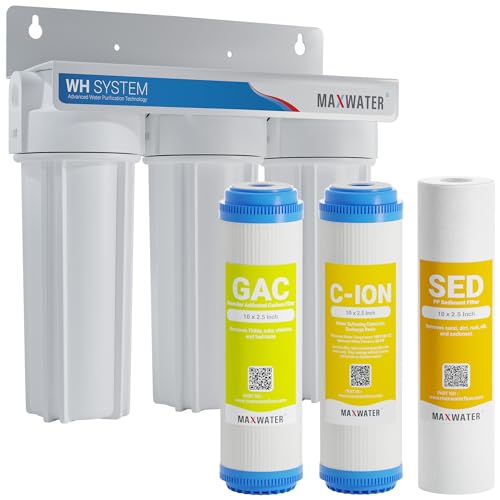 Max Water 3 Stage Water Softening10 inch Standard Water Filtration System for Whole House - Sediment + Cation Resin + GAC - ¾