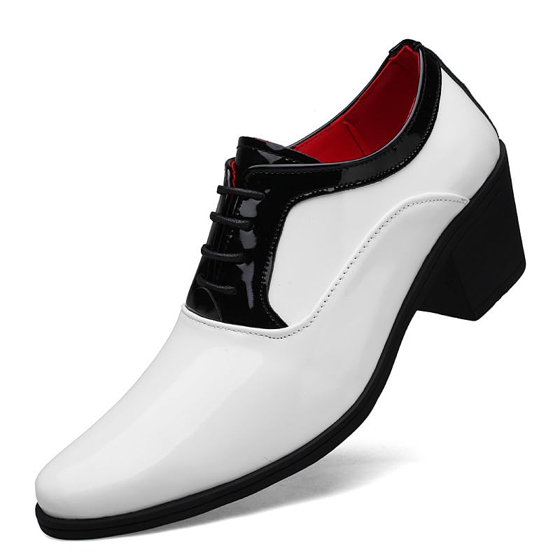 Santimon Men's Contrast Patent Leather Cuban Heel Oxfords Shoes for Wedding Dress Lace-up Shoes