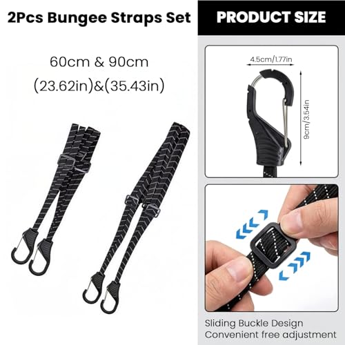 Image of STHIRA 2Pcs Adjustable Motorcycle Bicycle Bungee Cord for Bike Luggage 60 /90cm Elastic Tie Down Straps with Hooks Reflective High Elasticity Webbing Cargo Straps for Motorbike Scooter
