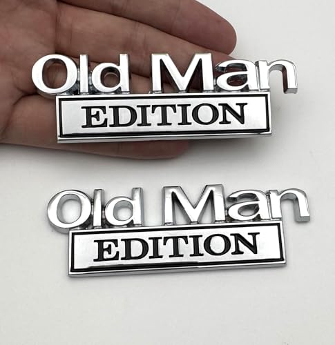Image of 2pcs Metal Old Man Edition Emblem 3D Badge Fit for Universal Car Truck SUV Side Rear Front Hood Trunk Door Decal Sticker (Silver Black)