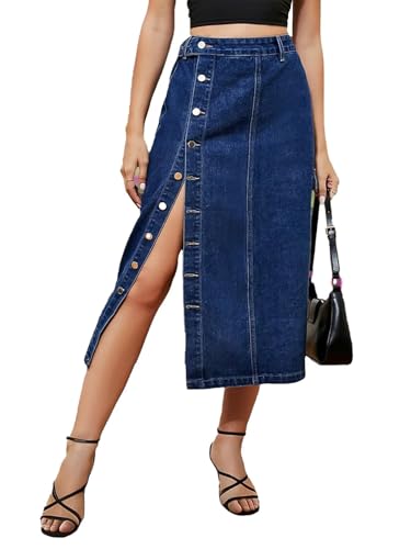 Flamingals Women's Casual Midi Denim Skirt Mid Waist Button Fly Split Summer Jean Skirt