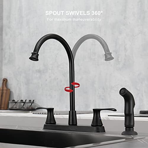 Kirlystone Matte Black Kitchen Faucet With Pull-Out Side Sprayer, High Arc Black 2-Handle Centerset Kitchen Sink Faucet With Supply Lines For 4-Hole Installation #TOP2