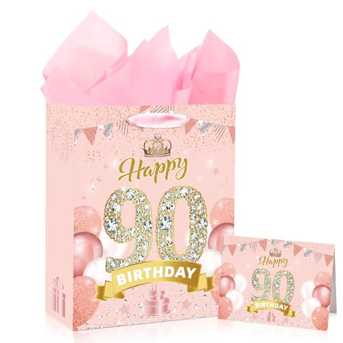 Yoirrat Rose Gold 90th Birthday Gift Bag for Women Large Pink Happy 90th Birthday Gift Bag with Happy 90th Birthday Card Wrapping Paper for 90th Birthday Christmas Decorations Party Supplies