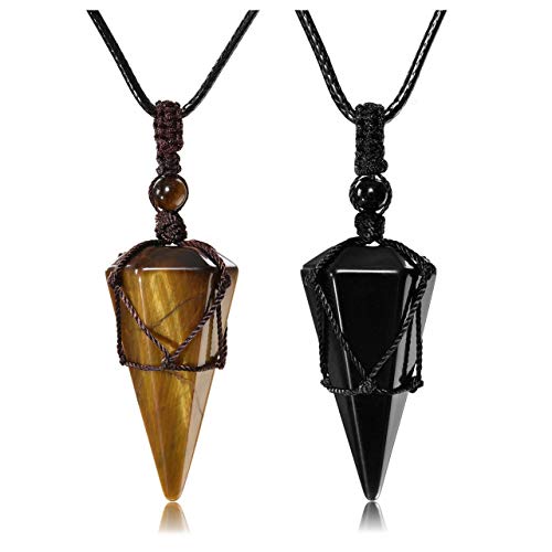 Top Plaza 6 Facet Reiki Healing Crystal Stone Pointed Pendant Necklaces Adjustable Natural Gemstone Necklace Reiki Quartz Jewelry for Women Men -2 Pcs, Tiger Eye Stone & Black Obsidian