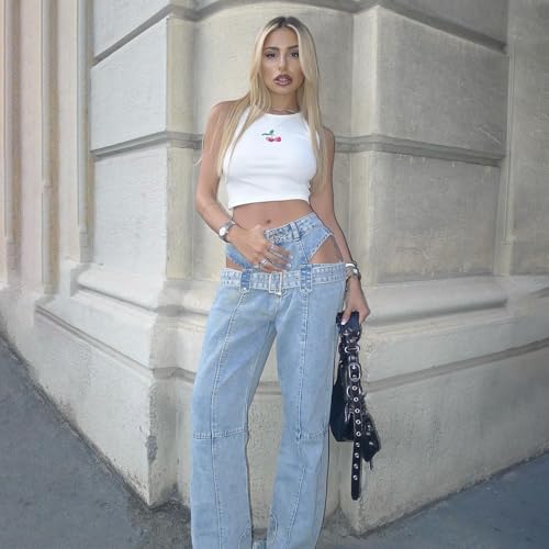 Molilove Hollow Out Jeans for Women Sexy High Waist Cutout Straight Leg Denim Pants with Belted Decoration Stretchy Y2K Jeans2