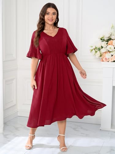 Image of SCOMCHIC Women's Plus Size Wedding Guest Dress Smocked V Neck Short Ruffle Sleeve Split Flowy Summer Cocktail Dresses