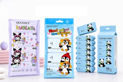 Image of ​Mini Wet Wipes for Kids and Adults (64 Count, 8 Packs of 8) - Portable Pocket Size Water Tissues, Alcohol & Fragrance Free, Sensitive Skin Safe Travel Wipes for Hand and Face Cleansing