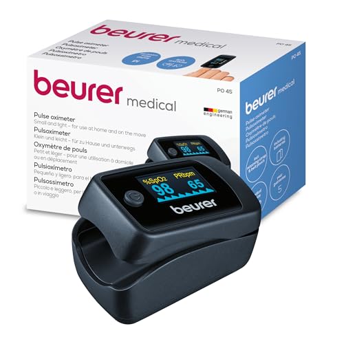 Beurer PO 45 Pulsioxímetro, medición de la saturación de oxígeno (SpO2), la frecuencia cardíaca (pulso) y el índice de perfusión (PI), uso indoloro, pantalla en color