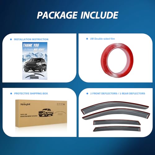 Image of Nilight Tape-On Window Visors for Altima Sedan 2013-2018, 4-Door, 4PCS | Dark Smoke Rain Guards for Upper Window Frame, Vent Deflectors for Fresh Air, Rain and Wind Protection