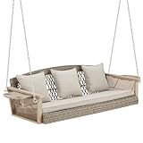 HOMREST 3-Person Porch Swing 55in Wicker Hanging Swing Bench with Cushions Cupholders Swing Chair with Chains 800lbs Capacity for Deck Garden Backyard